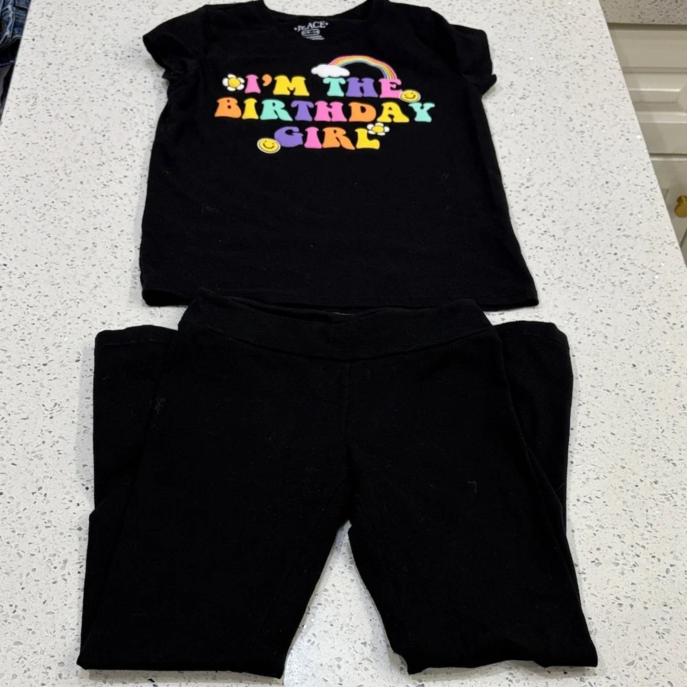 The Children's Place Black Birthday Girl and Cat & Jack flare leggings size 7